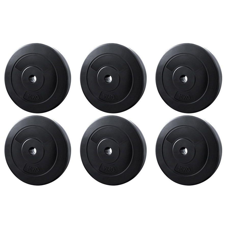 Everfit 60kg barbell weight plates for home gym, black steel plates for strength training and fitness exercises.