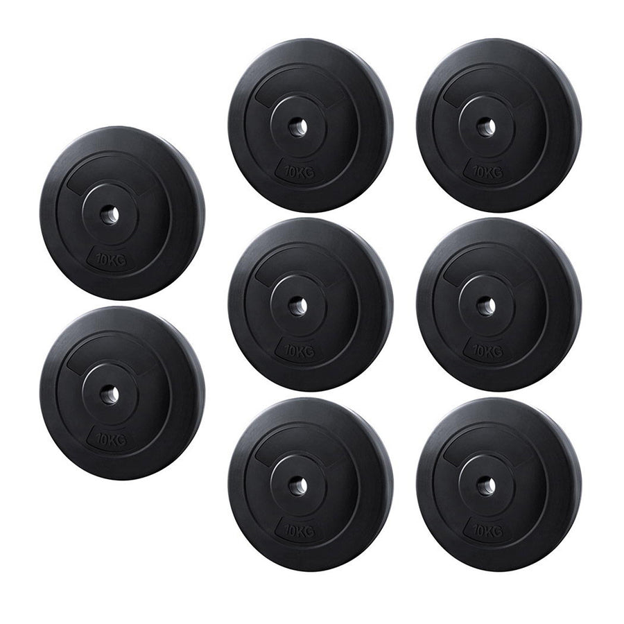 Everfit 80kg barbell weight plates for home gym, black metal, with standard size and weight markings for fitness exercises.