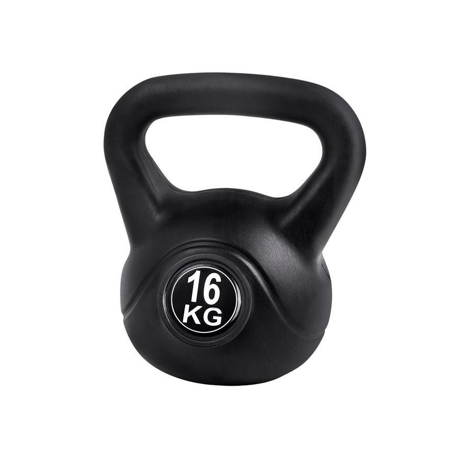 Black Everfit 16kg kettlebell set with weight lifting bench and dumbbells for home gym fitness training.