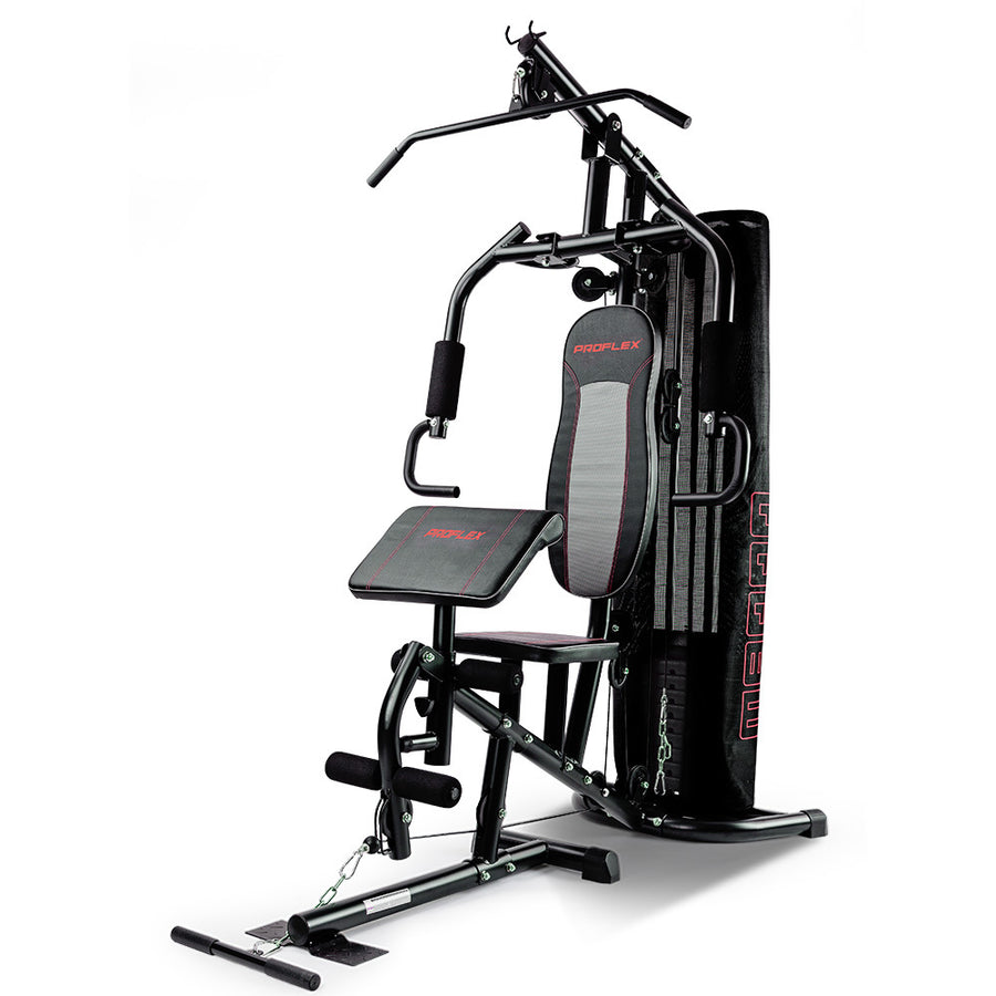 Proflex Multi-Station Home Gym Set with 98lbs weight plates, showcasing various exercise stations and weights for full-body workouts.