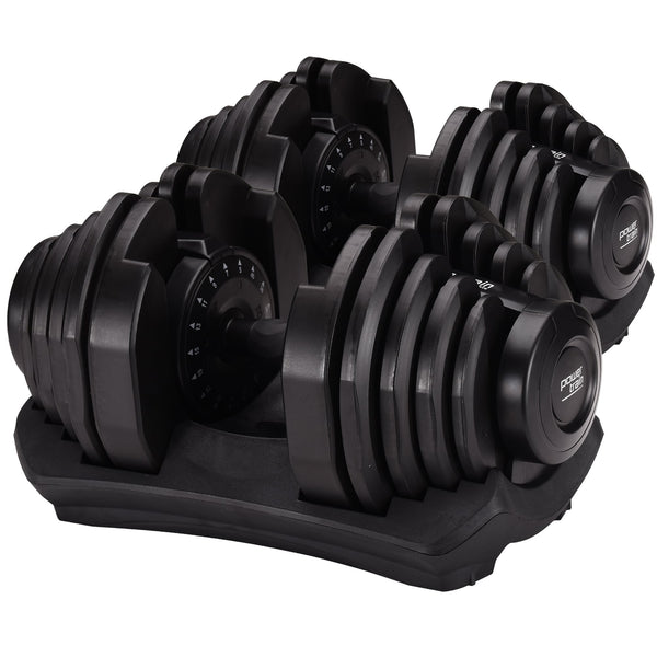 Online Fitness Depot Powertrain 2x40kg adjustable dumbbells for home gym, versatile free weights for strength training.