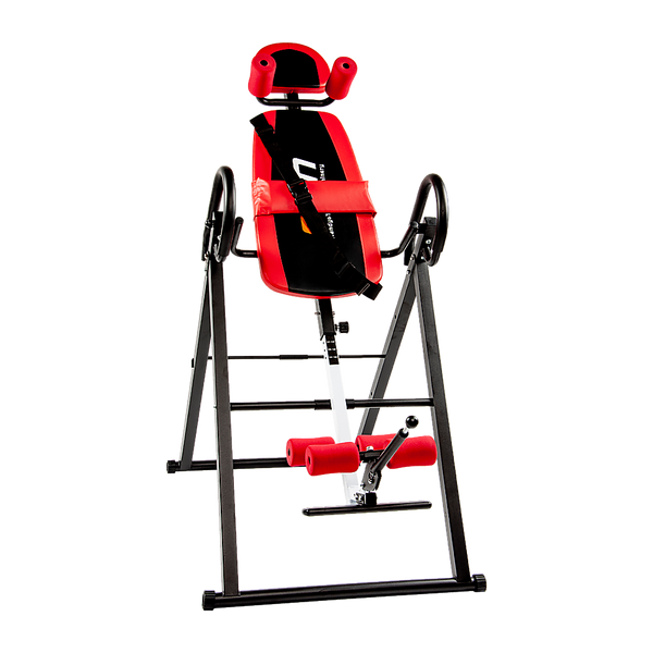 Foldable inversion table by Online Fitness Depot for home fitness, featuring adjustable straps and padded head support.