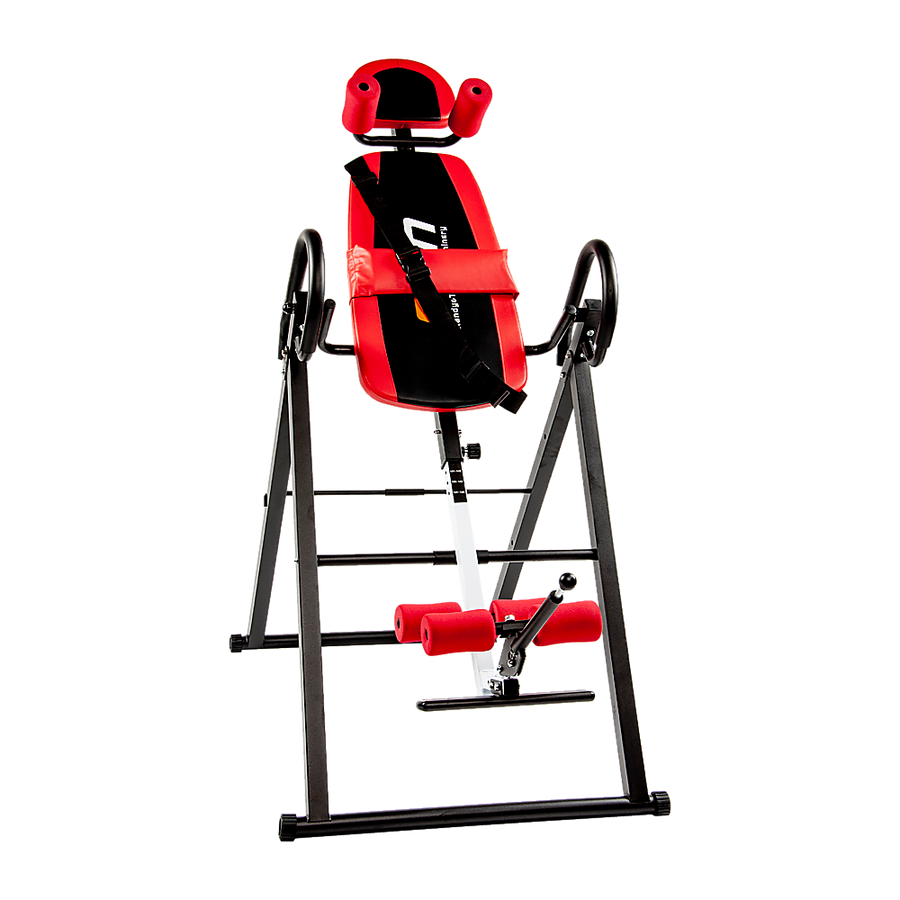 Foldable inversion table by Online Fitness Depot for home fitness, featuring adjustable straps and padded head support.