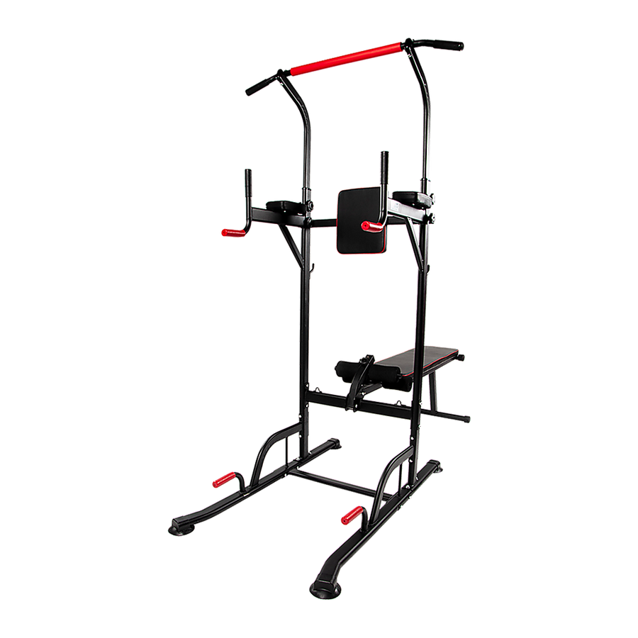 Online Fitness Depot Power Tower with pull-up bar, dip station, and weight bench for home gym workout and strength training.