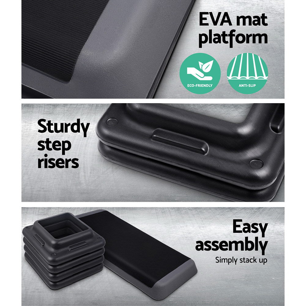 Everfit 3-level aerobic stepper with 110cm platform for home gym workouts, featuring non-slip surface and adjustable height.