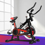 Black Everfit spin bike with 120kg flywheel for indoor cycling and home gym workouts, featuring adjustable seat and handlebars.