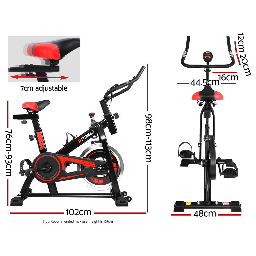 Black Everfit spin bike with flywheel, digital display, and adjustable seat for home gym cycling workouts, 120kg weight capacity.
