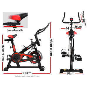 Black Everfit spin bike with flywheel, digital display, and adjustable seat for home gym cycling workouts, 120kg weight capacity.