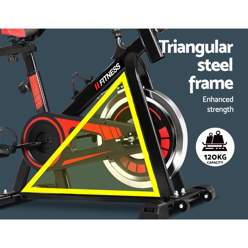 Black Everfit spin bike with flywheel for home gym, showing handlebars and seat, designed for indoor cycling workouts.
