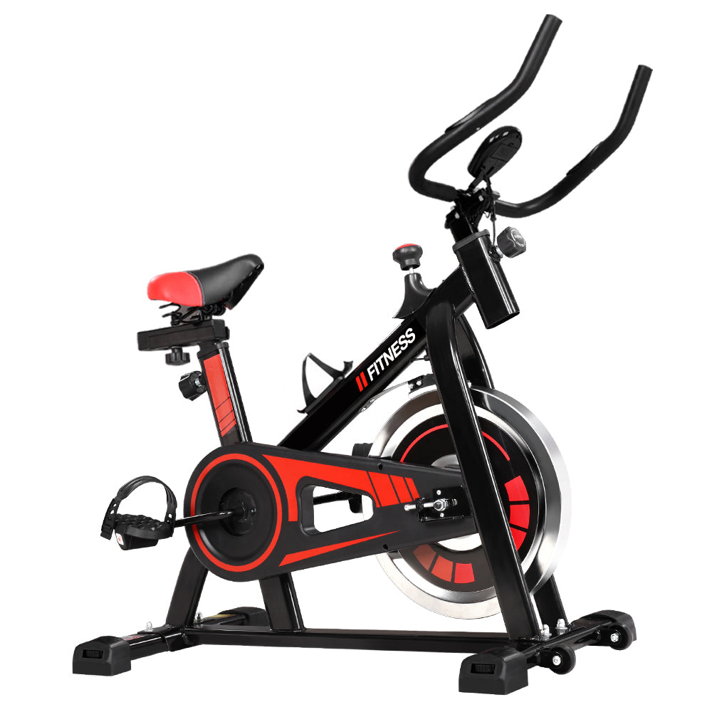 Black Everfit spin bike with adjustable seat and handlebars, flywheel, digital display, ideal for home gym cardio workouts.