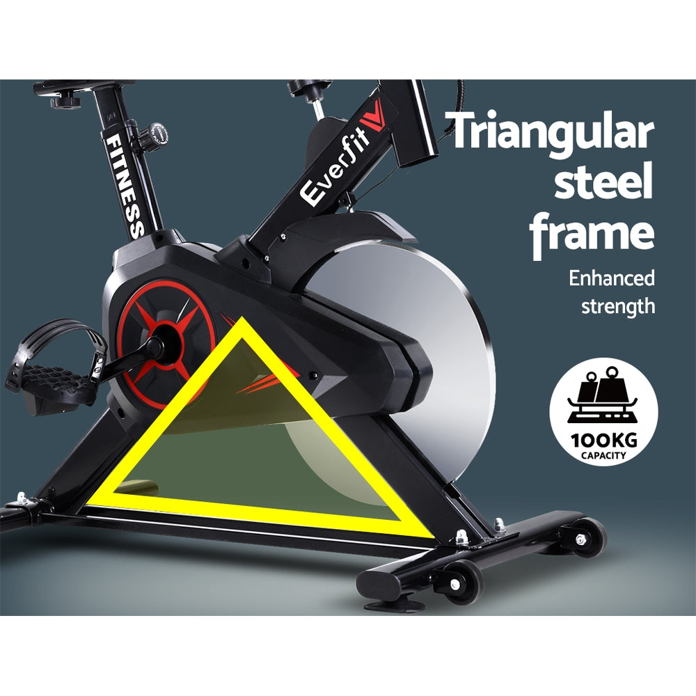 Black Everfit spin bike exercise bike with flywheel, digital display, and adjustable seat for home gym fitness workouts.