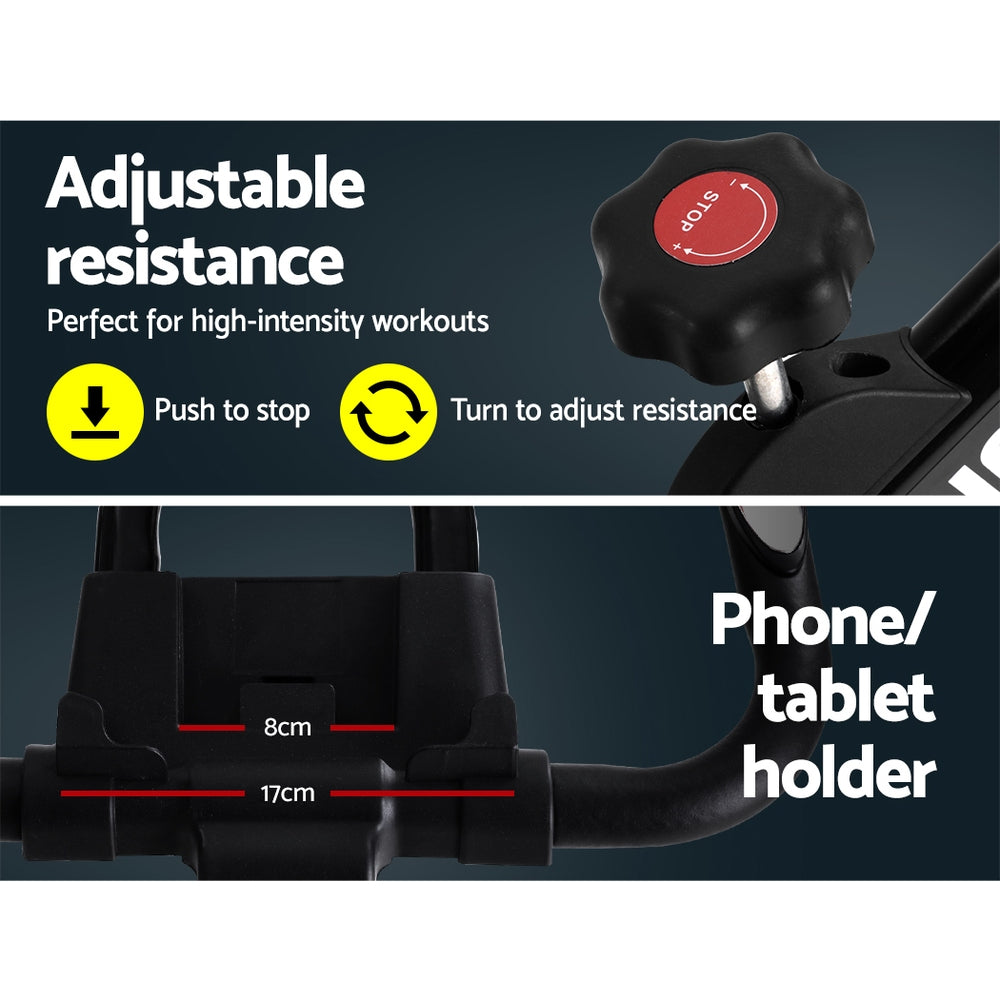 Black Everfit spin bike with adjustable seat and handlebars, flywheel, and digital display for home gym cycling workouts.