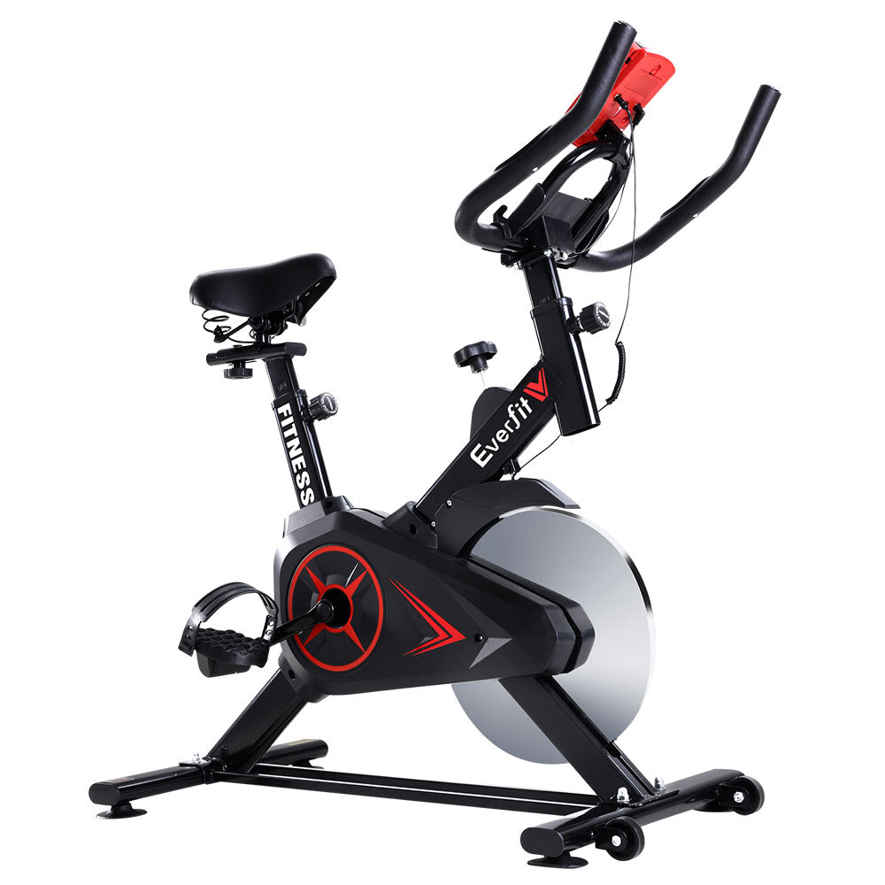 Black Everfit spin bike with adjustable seat and handlebars, flywheel, digital display, ideal for home gym cardio workouts