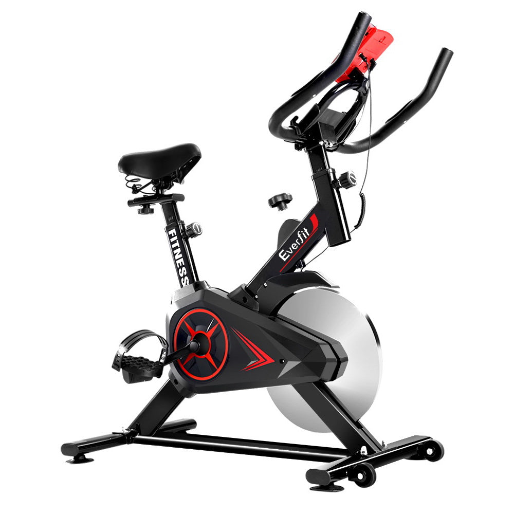 Black Everfit spin bike with adjustable flywheel for indoor cycling, featuring a sturdy frame and digital display for home gym workouts.