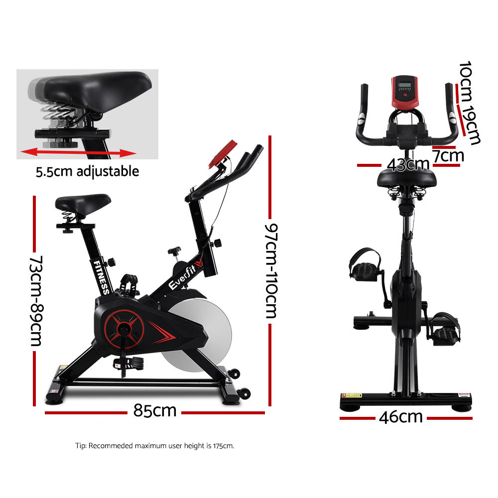 Black Everfit spin bike with adjustable flywheel and handlebars, ideal for home gym cardio workouts and cycling fitness.