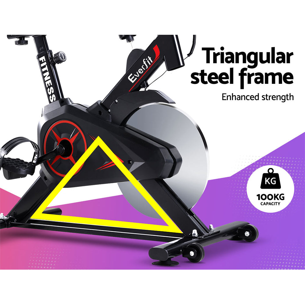Black Everfit spin bike with adjustable flywheel and handlebars, ideal for home gym cardio workouts.