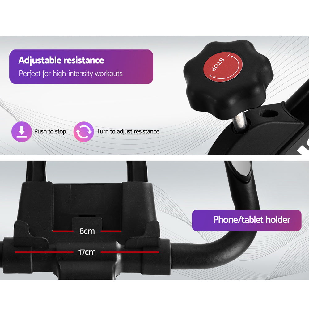 Black Everfit spin bike with adjustable flywheel and handlebars, ideal for home gym cycling workouts.