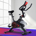 Black Everfit spin bike with adjustable flywheel and handlebars, ideal for home gym cycling workouts.