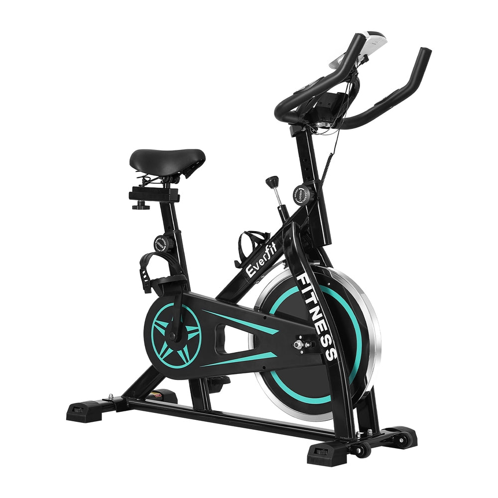 Black Everfit spin bike with 10kg flywheel, digital display, and sturdy frame for home gym workouts, supports up to 150kg.