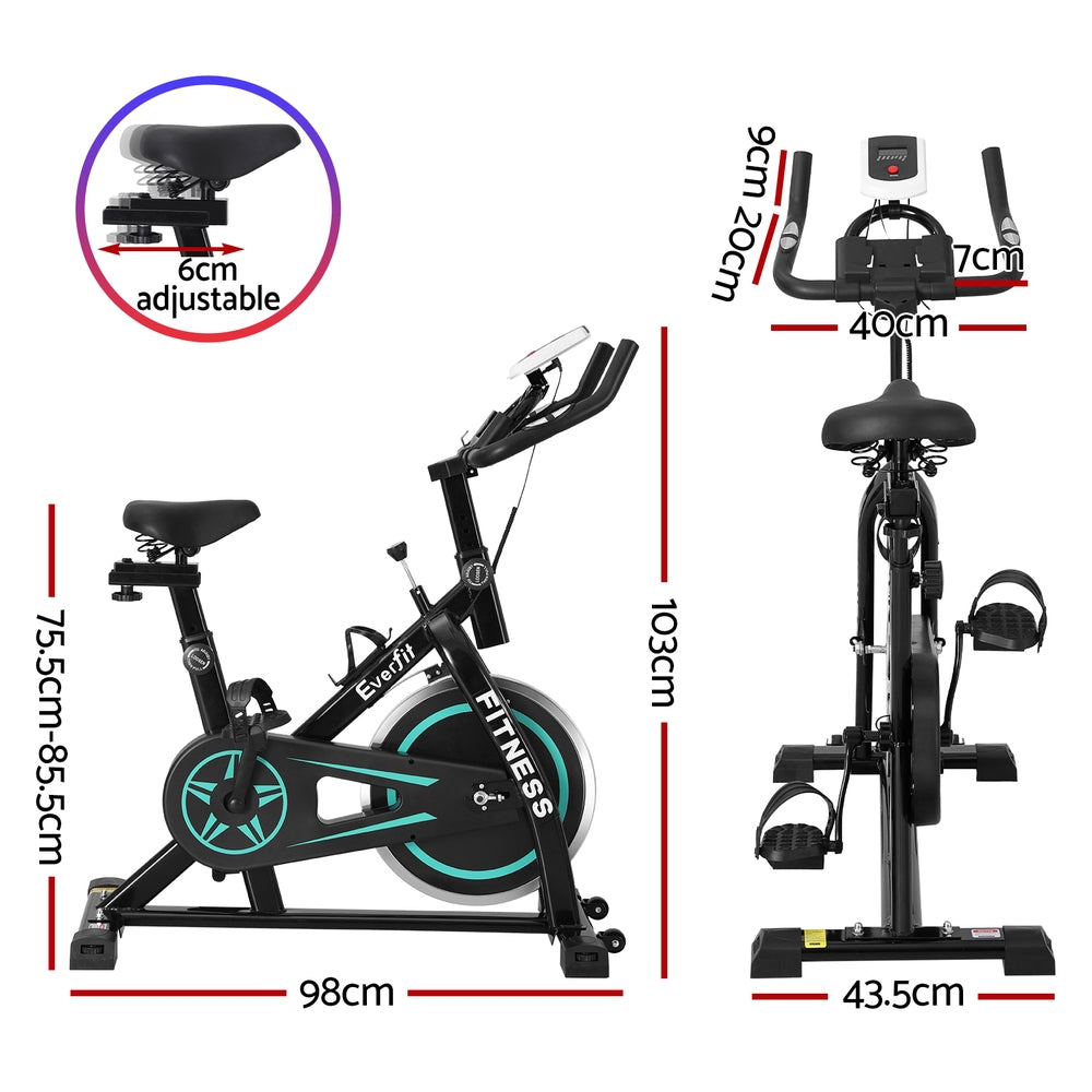 Black Everfit spin bike with 10kg flywheel for home gym workouts, featuring a sturdy design and 150kg capacity.