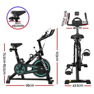 Black Everfit spin bike with 10kg flywheel for home gym workouts, featuring a sturdy design and 150kg capacity.