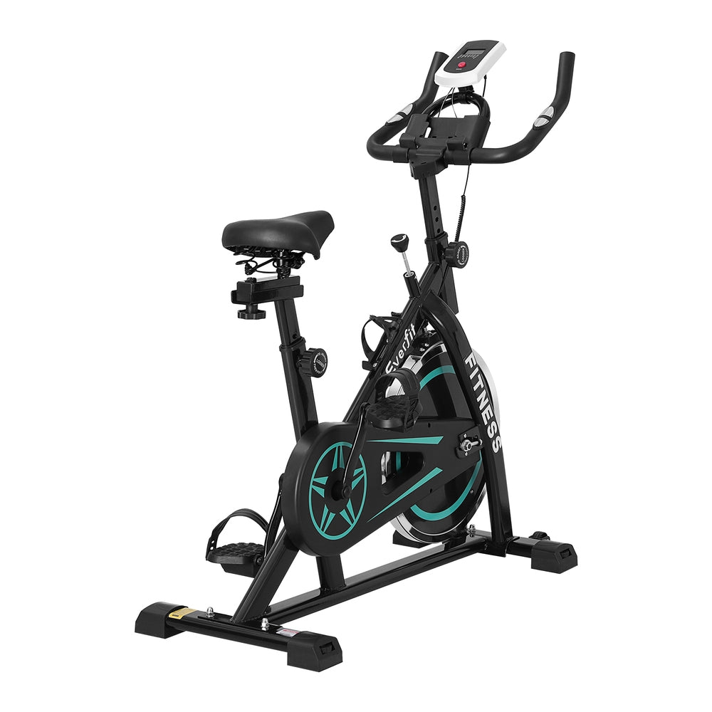 Black Everfit spin bike with 10kg flywheel, digital display, and sturdy frame for home gym workouts.