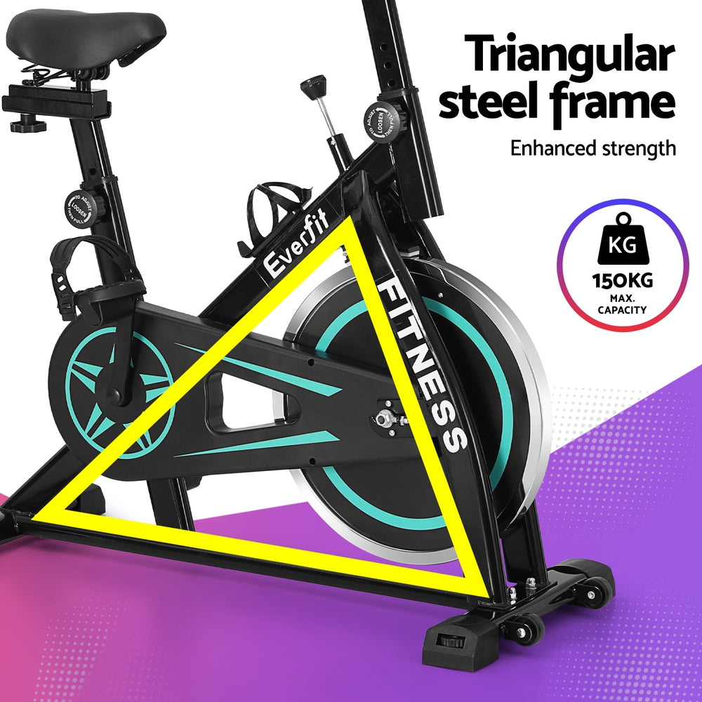 Black Everfit spin bike with 10kg flywheel, designed for home gym use, supporting up to 150kg weight capacity.