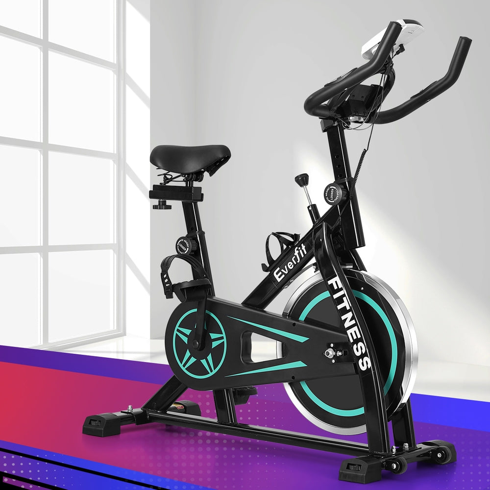 Black Everfit spin bike with 10kg flywheel, digital display, adjustable seat, suitable for home gym, online Fitness Depot brand