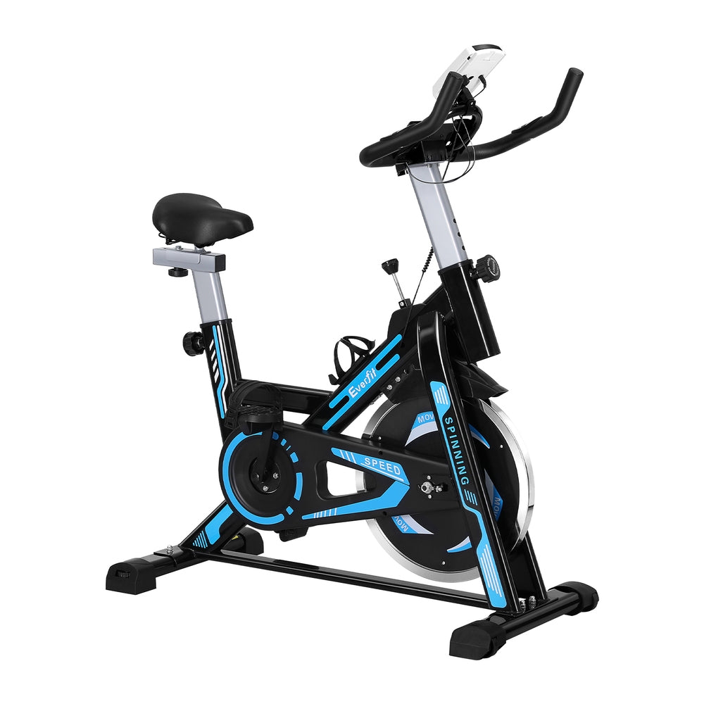 Black Everfit spin bike with 13kg flywheel, digital display, adjustable seat, and sturdy frame for home gym fitness workouts.