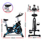Black Everfit spin bike with 13kg flywheel and adjustable seat, designed for indoor cycling workouts and supporting up to 150kg capacity.