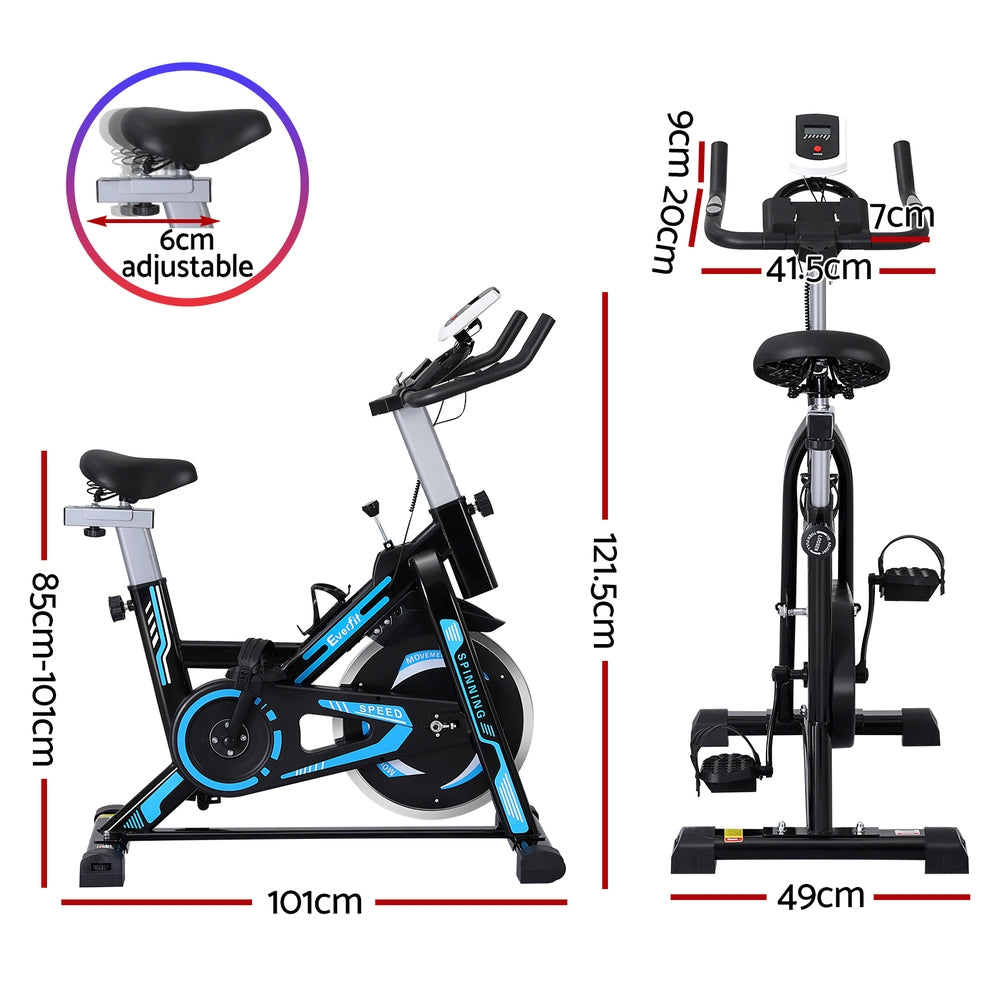 Black Everfit spin bike with 13kg flywheel and adjustable seat, designed for indoor cycling workouts and supporting up to 150kg capacity.
