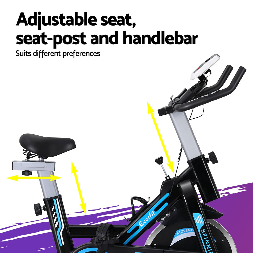 Black Everfit spin bike with 13kg flywheel, digital monitor, adjustable seat, and durable frame for indoor cycling workouts.