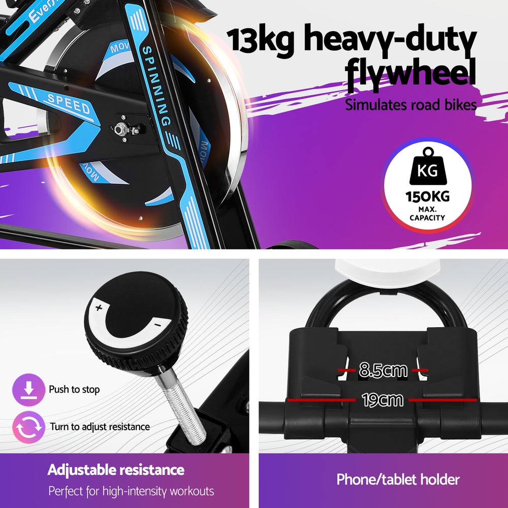 Black Everfit spin bike with 13kg flywheel, digital display, adjustable seat, and 150kg weight capacity for home gym workouts.