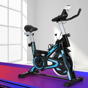 Black Everfit spin bike with 13kg flywheel and 150kg capacity, designed for indoor cycling workouts in a gym or home fitness setting.