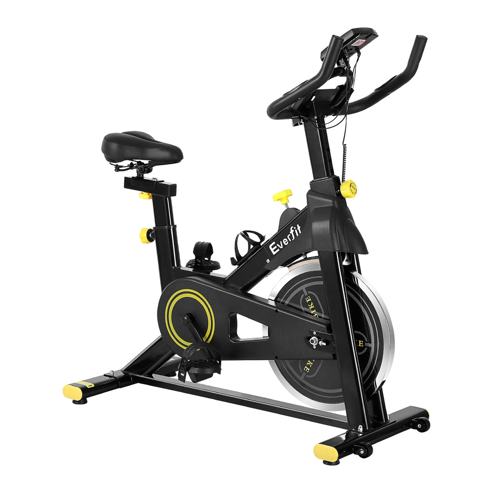 Black Everfit spin bike from Online Fitness Depot with digital display and Bluetooth connectivity for cardio workouts.