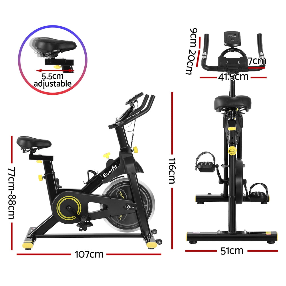 Black Everfit spin bike with adjustable seat and handlebars, digital display, and Bluetooth connectivity for indoor cardio workouts.