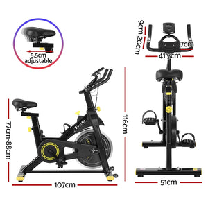 Black Everfit spin bike with adjustable seat and handlebars, digital display, and Bluetooth connectivity for indoor cardio workouts.