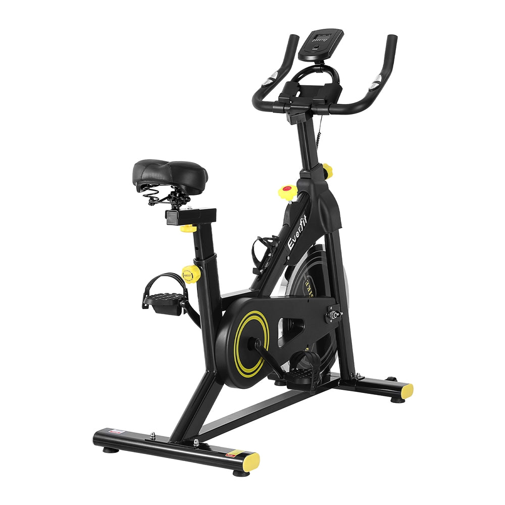 Black Everfit spin bike with adjustable seat and handlebars, digital display, and Bluetooth connectivity for cardio workouts.