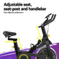 Black Everfit spin bike with adjustable seat and handlebars, digital display, and Bluetooth connectivity for cardio workouts.