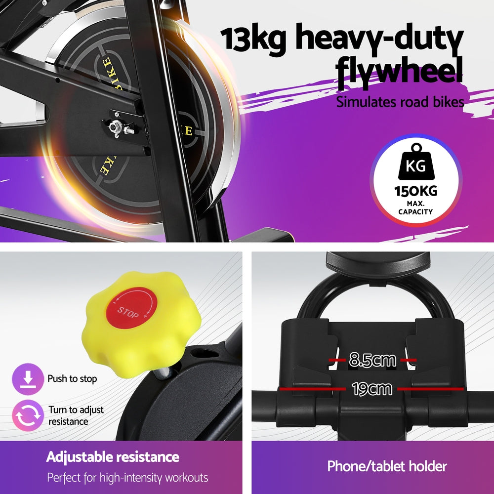 Black Everfit spin bike with digital display and Bluetooth connectivity, suitable for cardio workouts at home or gym use.