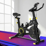 Black Everfit spin bike with digital display and adjustable seat, Bluetooth connectivity for app tracking, suitable for home cardio workouts.
