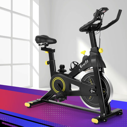 Black Everfit spin bike with digital display and adjustable seat, Bluetooth connectivity for app tracking, suitable for home cardio workouts.