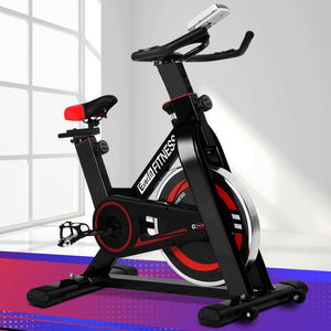 Black Everfit spin bike with sturdy frame and adjustable seat, ideal for indoor home gym cardio workouts.