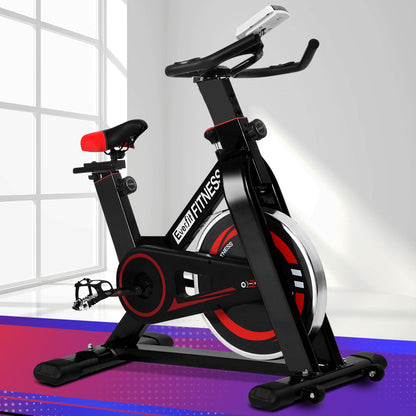 Black Everfit spin bike with sturdy frame and adjustable seat, ideal for indoor home gym cardio workouts.