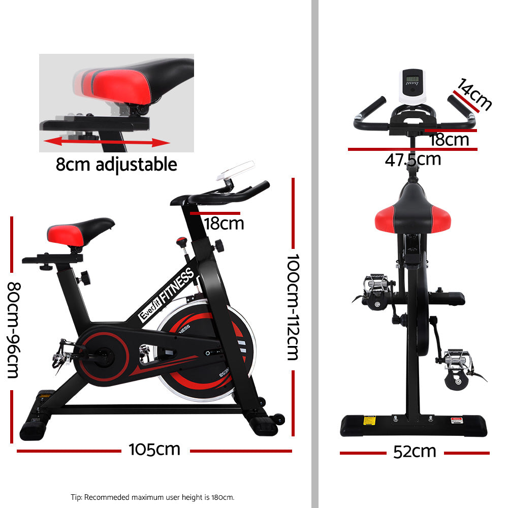 Black Everfit spin bike with adjustable seat and handlebars, flywheel, and digital display for indoor cycling workouts.