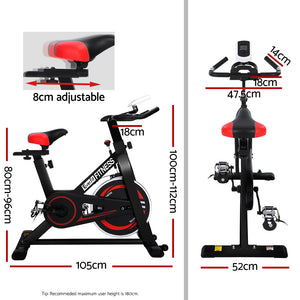 Black Everfit spin bike with adjustable seat and handlebars, flywheel, and digital display for indoor cycling workouts.