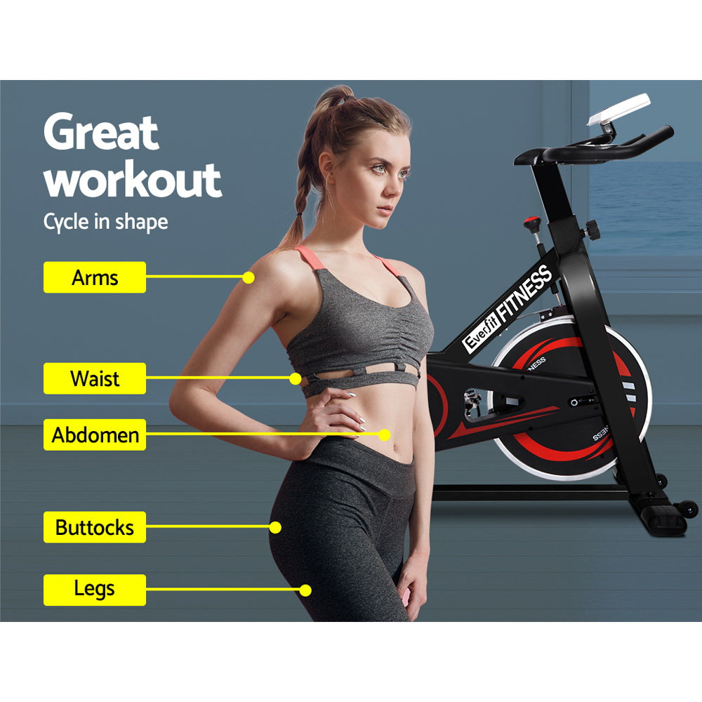 Black Everfit spin bike with flywheel for indoor cycling, suitable for home gym cardio workouts, from Online Fitness Depot.