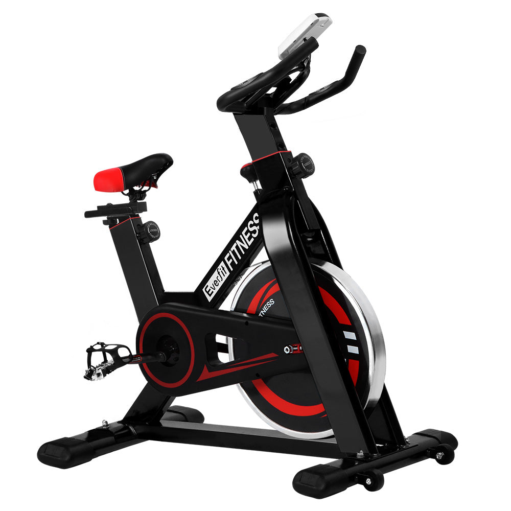 Black Everfit spin bike with adjustable seat and handlebars, flywheel for indoor cycling, ideal for home gym cardio workouts.