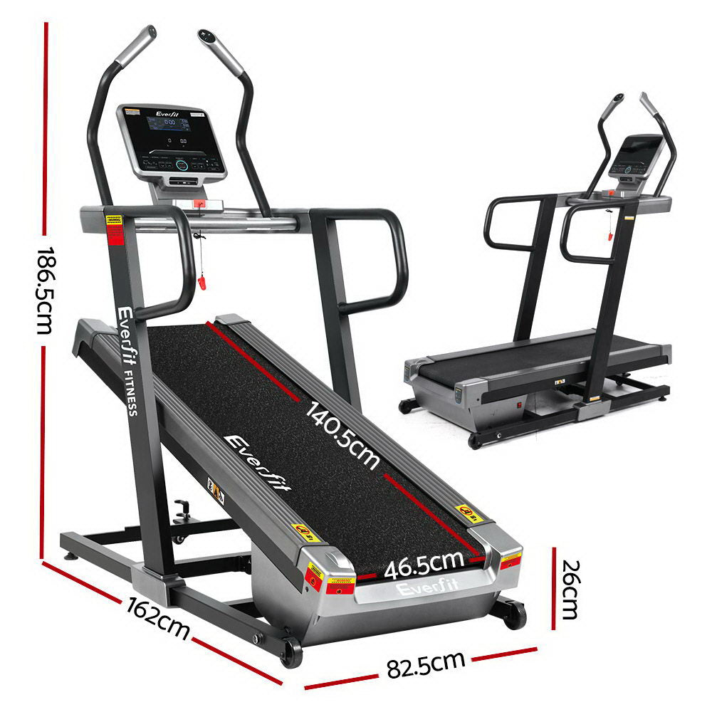 Black Everfit electric treadmill with incline feature, designed for home gym fitness and professional exercise training.