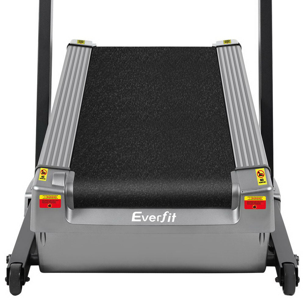 Black Everfit electric treadmill with incline trainer, display console, and sturdy frame for professional home gym fitness workouts.